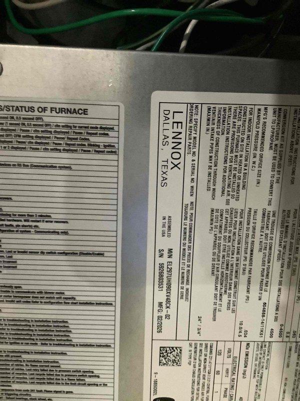 Successfully completed full HVAC system installation featuring Lennox air conditioning unit and gas furnace. All equipment properly installed, labeled, and verified operational with manufacturer specifications confirmed on unit data plates. System commissioned and financed documentation processed.