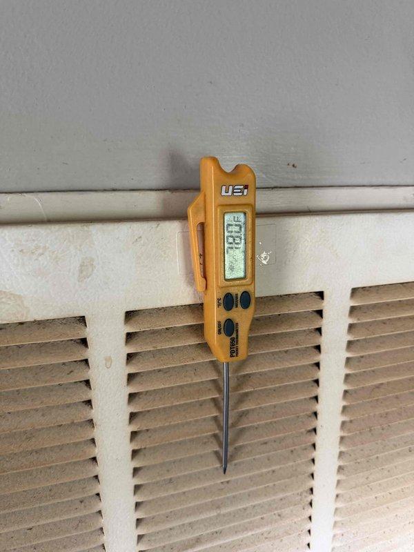 Returned to HVAC system to install sequencers as requested. Verified proper operation of heating system with temperature measurements showing supply air at 88.4°F at the unit and return air at 65.5°F at the floor register, confirming adequate temperature rise across the heat exchanger after sequencer installation.