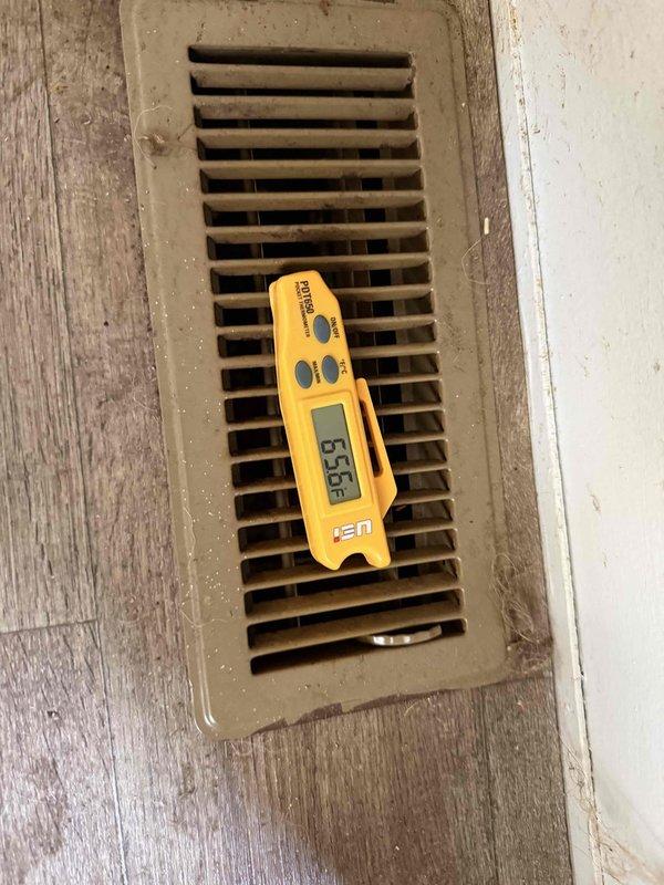 Returned to HVAC system to install sequencers as requested. Verified proper operation of heating system with temperature measurements showing supply air at 88.4°F at the unit and return air at 65.5°F at the floor register, confirming adequate temperature rise across the heat exchanger after sequencer installation.