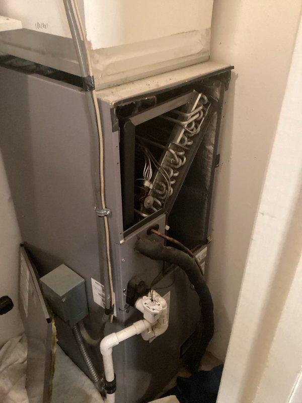 Responded to emergency no cooling call. Upon arrival, found thermostat displaying 80°F and in OFF position. Inspected furnace/air handler unit in utility area and verified system was not receiving call for cooling. Diagnosed thermostat malfunction preventing proper system operation. Replaced faulty thermostat with new unit, restored power, and tested system through complete cooling cycle. Verified proper communication between thermostat and HVAC equipment, confirmed adequate airflow, and ensured all safety controls functioning correctly. System now operating normally with cooling restored.