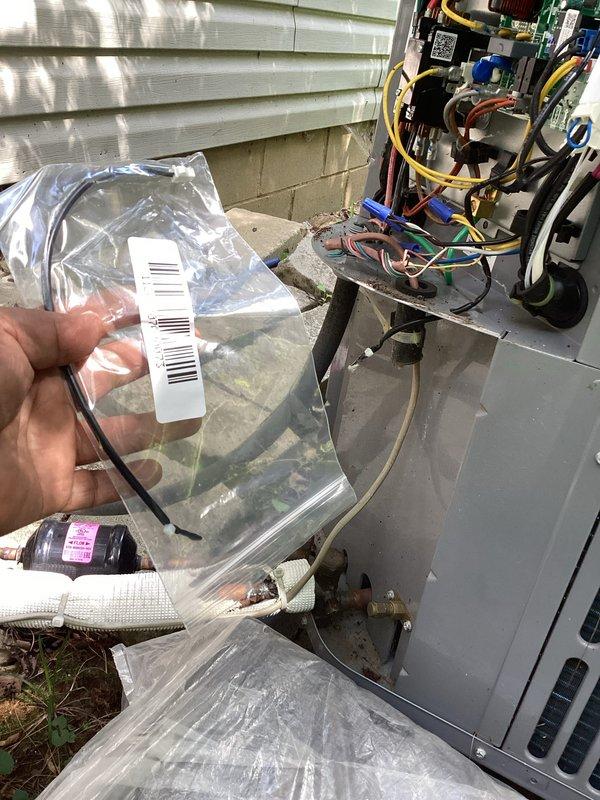 Returned to site to complete repair by replacing defective sensor and condenser fan motor on outdoor unit. Removed top grille to access internal components, disconnected electrical connections, and extracted failed fan motor assembly. Installed new condenser fan motor with proper mounting hardware and bolts, ensuring secure attachment to motor bracket. Connected replacement sensor with appropriate wiring to control board. Verified all electrical connections were tight and properly seated. Tested unit operation to confirm fan motor runs smoothly at correct RPM and sensor provides accurate readings to system controls. Reassembled unit with top grille secured in place. System now operating within manufacturer specifications.