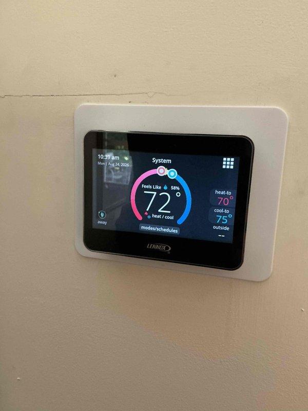 Completed comprehensive cooling maintenance on Lennox system. Performed standard inspection of thermostat operation, verified system cycling properly between heat and cool modes with setpoints at 70°F heating and 75°F cooling. Measured supply air temperature at 53.4°F, confirming adequate cooling performance. Inspected refrigerant lines, insulation, and air handler components. Customer's comfort club coverage expired 1/30/28. Standard 16x25x4 filter not included in basic service plan.
