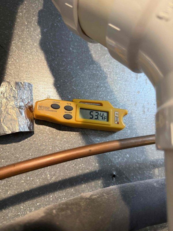 Completed comprehensive cooling maintenance on Lennox system. Performed standard inspection of thermostat operation, verified system cycling properly between heat and cool modes with setpoints at 70°F heating and 75°F cooling. Measured supply air temperature at 53.4°F, confirming adequate cooling performance. Inspected refrigerant lines, insulation, and air handler components. Customer's comfort club coverage expired 1/30/28. Standard 16x25x4 filter not included in basic service plan.