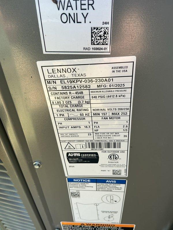 Completed preventive maintenance on Lennox EL19KPV-036-230A01 air conditioning system manufactured 01/2025 utilizing R-454B refrigerant. Performed comprehensive inspection of outdoor condensing unit, verified proper operation of compressor and condenser fan motor, checked electrical connections and amp draw against nameplate specifications of 208/230V 1PH 60HZ, inspected refrigerant lines and service valves for leaks, confirmed factory charge of 640 PSIG, and documented system condition through photographic records. Unit is covered under CCC Basic plan expiring 12/10/27 with 20x25x4 filter size included in service agreement.