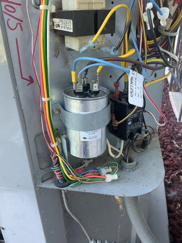 Completed return visit to perform combination system cleaning and install new 40/5 dual run capacitor. Replaced failed capacitor in outdoor unit electrical compartment, ensuring proper wire connections to compressor and condenser fan motor terminals. Performed thorough cleaning of blower assembly, which showed significant exterior weathering and debris accumulation. All electrical connections verified and system tested for proper operation following capacitor replacement and cleaning service.