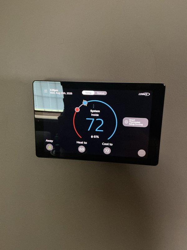 Performed routine cooling maintenance on Lennox HVAC system. Replaced 16x25x1 air filter and verified thermostat operation at 72°F cooling setpoint. Updated maintenance sticker with service record and confirmed system operating within normal parameters.