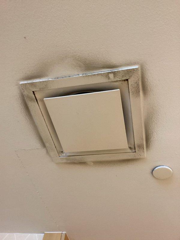 Conducted on-site assessment for duct cleaning service and documented current conditions of HVAC air distribution system. Inspection revealed significant dust and particulate accumulation on ceiling-mounted supply diffusers and surrounding areas, indicating need for comprehensive duct cleaning to improve indoor air quality and system efficiency.