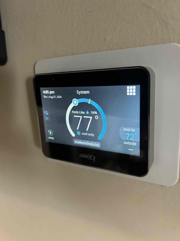 Completed annual cooling maintenance on Lennox HVAC system. Performed standard inspection of cooling components, replaced 14x20x1 air filter, and verified thermostat operation showing system in cooling mode with setpoint at 72°F and indoor temperature at 77°F with 54% humidity. All equipment operating within normal parameters.