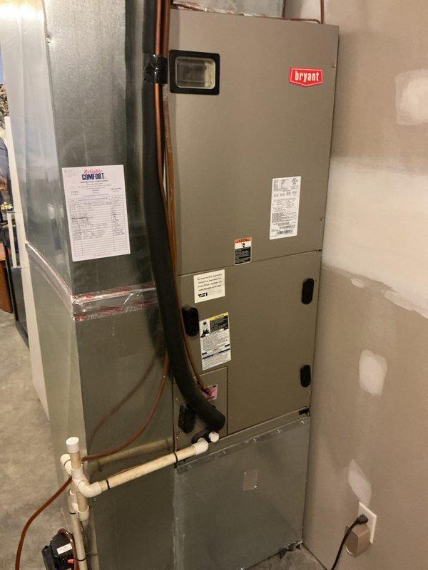 # HVAC Maintenance Summary

Completed basic monthly heating maintenance visit on Bryant air handler system. Performed comprehensive inspection of heat exchanger assembly, confirming proper fin condition and airflow channels with no signs of corrosion or excessive debris accumulation. Verified all manufacturer labels, safety warnings, and specification tags remain legible and properly affixed to unit cabinet. Inspected copper refrigerant lines and white PVC condensate drain piping for secure connections and proper routing. Installed fresh 20x20x1 air filter as part of routine maintenance protocol. All components operating within normal parameters with no immediate service concerns identified.