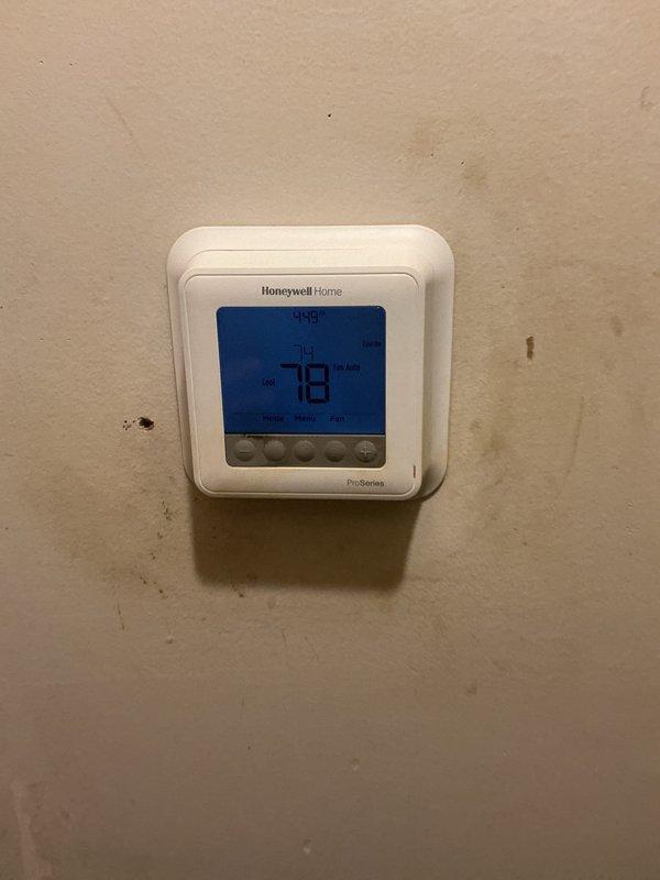 Completed basic monthly heating maintenance visit on residential HVAC system. Performed standard system diagnostics using manifold gauges to verify refrigerant pressures and electrical testing equipment to check amperage draw on outdoor condenser unit. Thermostat operation confirmed with ProSeries Honeywell digital control displaying proper temperature readings and functional heating mode settings.