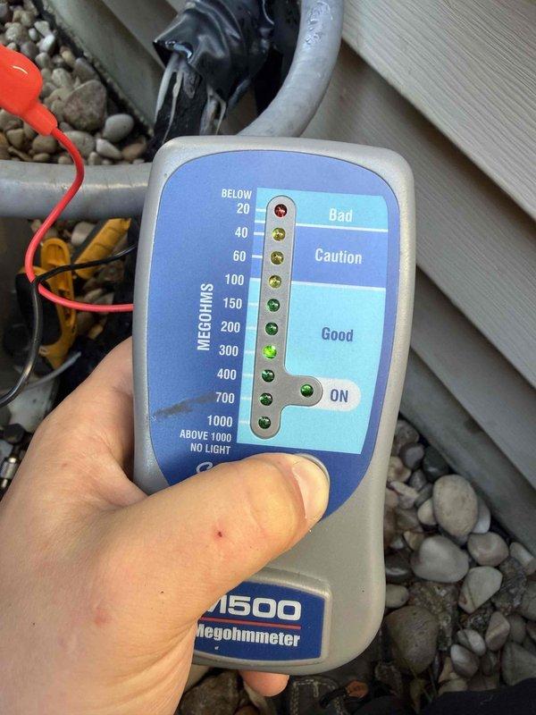 Completed monthly preventive maintenance visit including comprehensive cooling system check and condenser coil cleaning. Verified thermostat operation and system controls, performed megohm insulation resistance testing on outdoor unit electrical components with readings in acceptable range, and inspected all accessible HVAC equipment for proper operation and safety compliance.