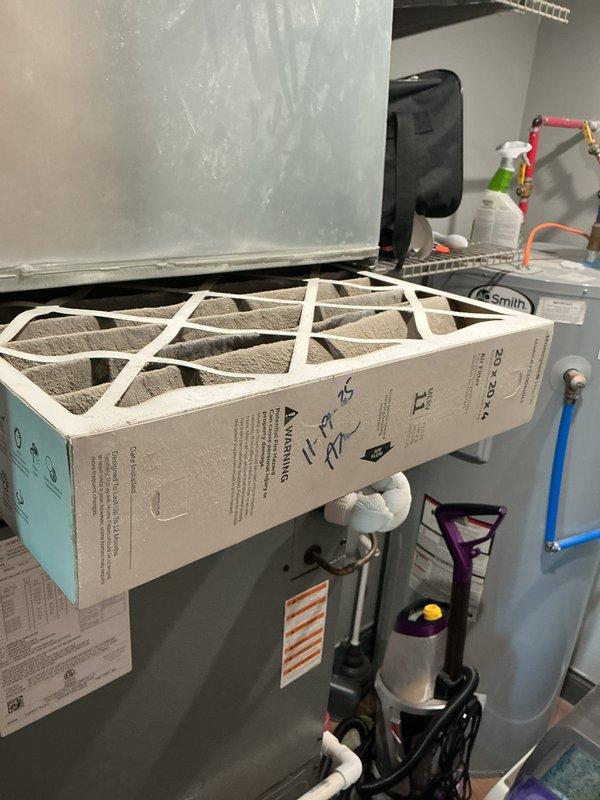 Completed monthly preventive maintenance on two HVAC systems under CCC Basic service agreement. Replaced 20x20x4 air filters on both units to maintain proper airflow and system efficiency. Verified thermostat operation showing 66°F setpoint with system actively circulating air in main room. Inspected air handler and ductwork connections in mechanical room, confirming all components operating within normal parameters.