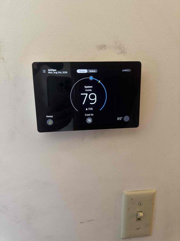 Returned to residence to complete warranty work on electrical panel installation. Coordinated utility disconnect between 9-10am to safely pull meter and correct panel wiring, with power restoration completed within one hour. Repaired drywall with access cover installation and reconfigured Lennox digital thermostat to proper operating parameters, with system verified operational and inspection passed at 11am.