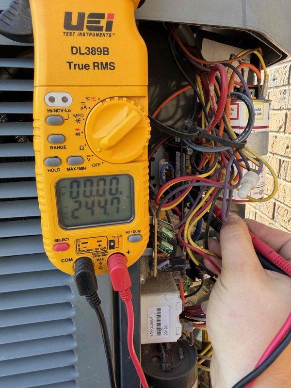 Completed comprehensive cooling check on two HVAC systems as part of scheduled maintenance renewal. Performed electrical diagnostics using digital multimeter, verifying voltage readings at outdoor unit control panel and testing capacitor connections. Inspected ductwork system and documented interior condition showing accumulated dust and debris in flexible metal ducting. Customer to provide 16x20x4 filter as it was not included in service agreement.