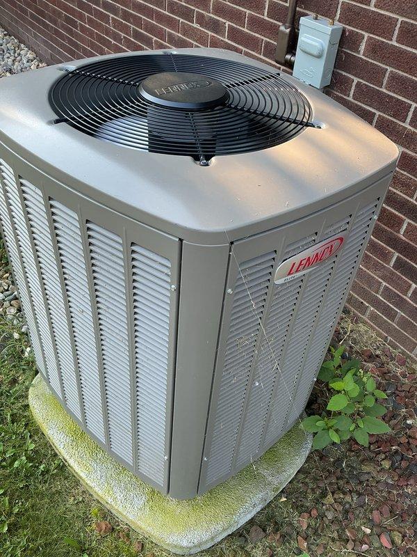 Completed annual cooling maintenance visit on Lennox HVAC system. Performed comprehensive inspection of outdoor condensing unit and indoor air handler, checked all electrical connections and control board operations, verified blower motor function, and replaced 20x20x4 air filter per service agreement specifications.