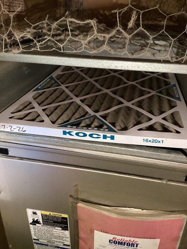 Responded to no-cool service call for 16-year-old American Standard air conditioning system with complete system failure. Upon arrival, confirmed thermostat displayed 82°F with setpoint at 72°F in cooling mode, but unit was not operating. Inspected attic-mounted equipment and found dirty air filter dated from previous service visit, along with significant dust accumulation on system components and surrounding area. Troubleshot electrical components, verified power supply, and identified failed system component preventing unit operation. Replaced defective part, changed air filter, and restored system to normal cooling operation with proper airflow and temperature differential.