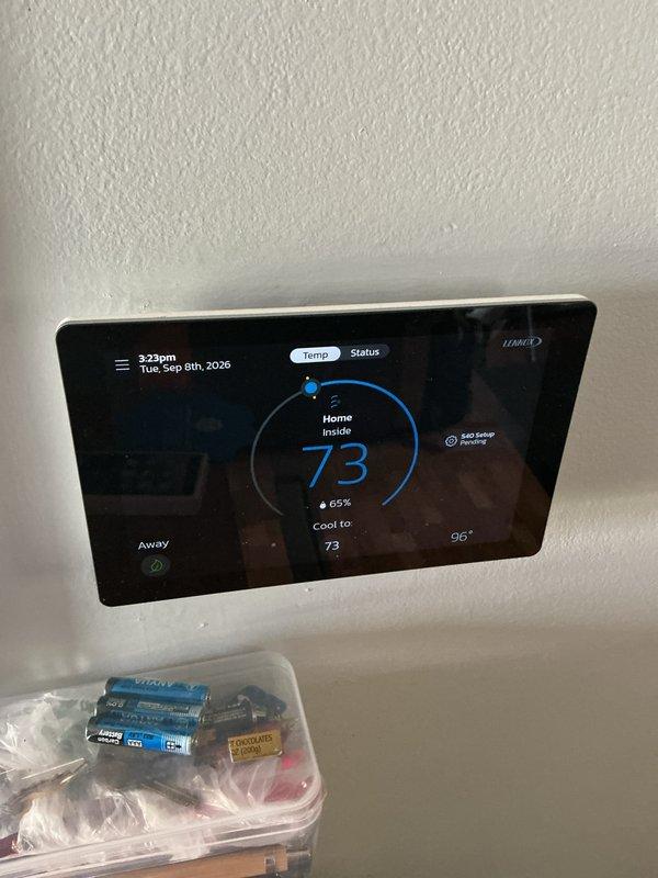 Completed annual CCC maintenance on residential cooling system. Inspected Lennox thermostat operation and verified proper temperature control and display functions. Performed standard cooling season maintenance including inspection of blower assembly and internal components. System operating within normal parameters at time of service.