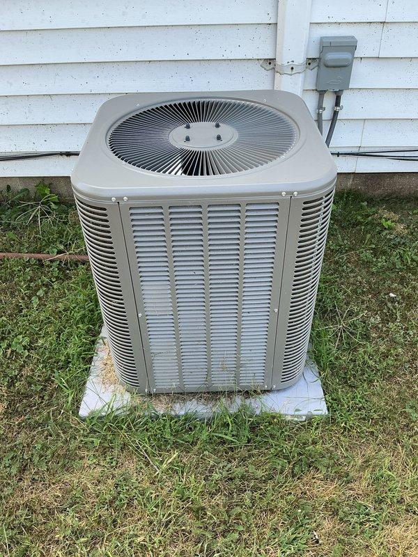 Completed basic monthly heating maintenance visit on residential HVAC system. Performed standard visual inspection of outdoor condenser unit, verified proper placement on concrete pad, and confirmed electrical disconnect box and conduit connections were secure. Unit appeared operational with no visible damage or deterioration to exterior casing, louvers, or fan assembly, though filter size could not be determined during this visit.