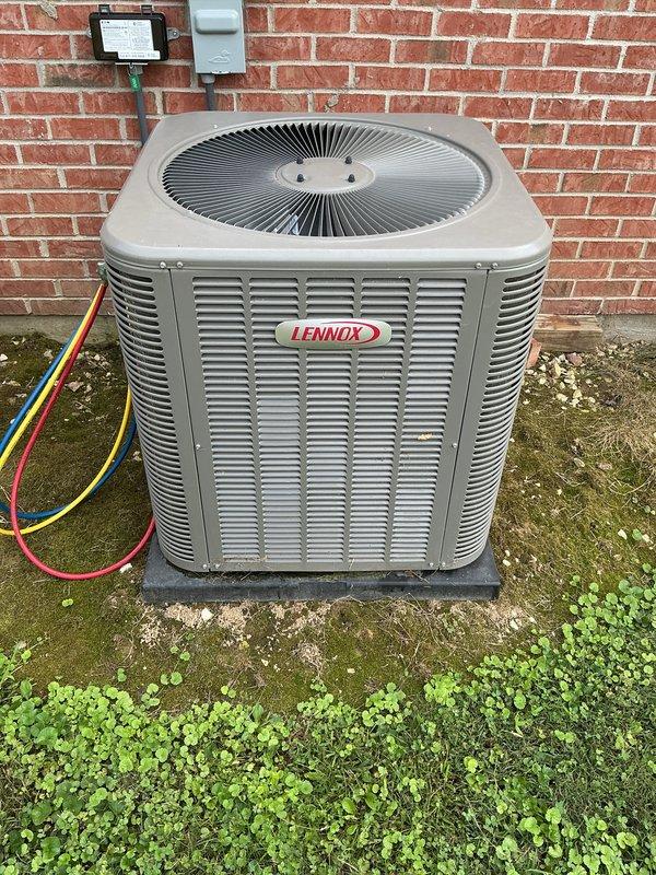 Completed routine cooling maintenance on Lennox HVAC system under expired comfort club agreement. Performed standard inspection of outdoor condenser unit and indoor air handler, attached refrigerant gauges for system diagnostics, and replaced 14x20x1 air filter as included in service agreement.