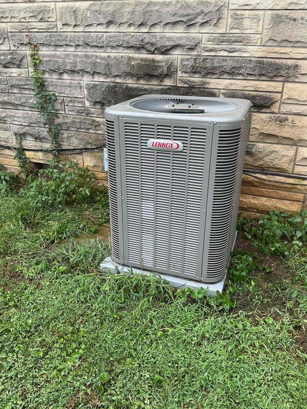 Performed cooling maintenance on Lennox residential condensing unit. Completed system diagnostics using digital multimeter to verify electrical performance and operating parameters. Replaced 16x25x4 air filter as part of comprehensive comfort care maintenance. Unit operating within normal specifications upon completion of service.