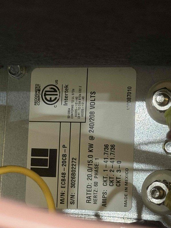 Completed installation of electric heater pack assembly on HVAC system. Installed 20.0/15.0 kW dual-circuit heating element rated for 240/208 volts, single-phase operation with each circuit drawing 41.7/36 amps. Connected all electrical wiring to breaker panel and control board, verified proper voltage supply, and documented equipment specifications including model ECB48 and serial number for warranty registration.