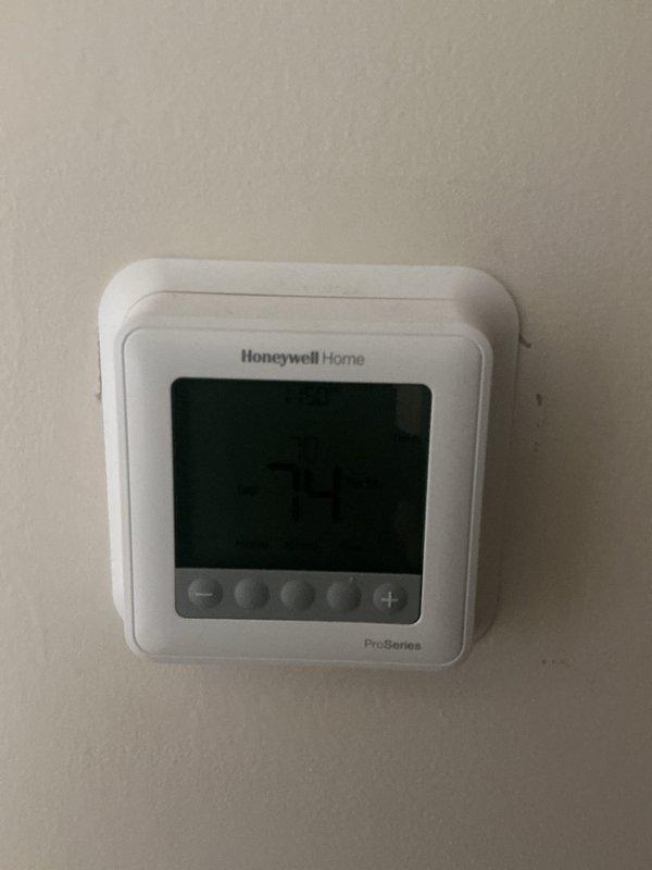 Completed first CCGC Basic monthly maintenance visit for cooling system. Replaced 24x24x1 air filter as part of routine preventive maintenance service. Inspected Honeywell Home ProSeries thermostat operation and verified proper functionality. Accessed HVAC unit electrical compartment, inspected internal components including dual capacitors, wiring connections, and terminal blocks to ensure system integrity and safe operation.