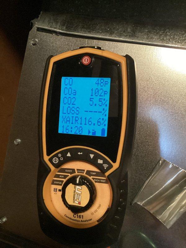 Performed comprehensive heating maintenance on residential HVAC system. Conducted combustion analysis testing with calibrated analyzer, verifying optimal efficiency readings including CO2 levels at 5.5%, confirming proper burner operation and safe combustion parameters. Replaced 20x20x4 air filter as part of routine maintenance. Verified thermostat operation displaying proper temperature control at 72°F. System covered under service agreement (CCH) valid through 3/29/2027. All equipment operating within manufacturer specifications with no deficiencies noted.