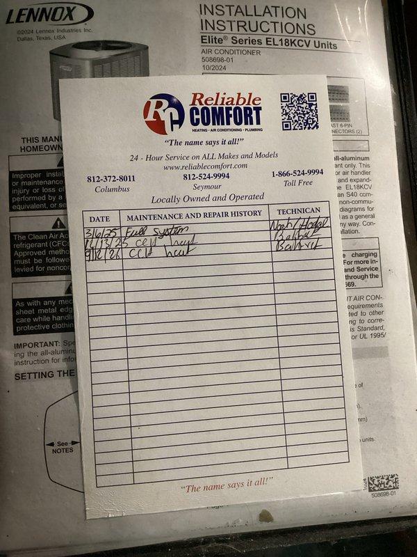 Completed basic heating maintenance visit as part of annual recurring service. Performed standard inspection of Lennox Elite Series EL18KCV heating system, verified proper operation of blower motor and coil heat components, and replaced 20x25x1 air filter per monthly maintenance agreement. Updated maintenance and repair history card with service completion. All equipment operating within normal parameters.