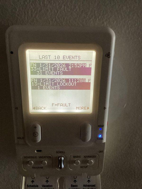 Completed monthly CCH basic heating maintenance on system. Upon arrival, reviewed thermostat event log which displayed multiple limit fault codes (33-LIMIT FAULT with 31 events) and one limit lockout event (63-LIMIT LOCKOUT) dated 1/31/2023, indicating previous high-temperature safety shutdowns. Performed standard heating system inspection and verified supply air temperature reading of 103.5°F at equipment. Cleared fault codes from system memory and cycled unit through complete heating operation to confirm proper function. Customer to provide 16x25x4 filter as this size is not included in basic maintenance package. System operational at time of departure with no active faults present.