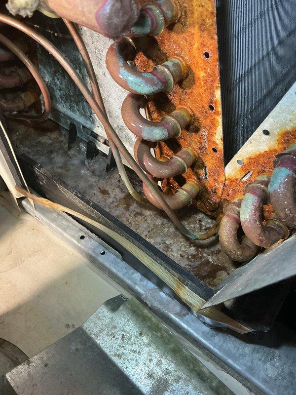 # HVAC Maintenance - Heating System Service

Completed annual basic heating maintenance visit on residential forced-air furnace system. Performed comprehensive inspection of all major components including heat exchanger, blower assembly, and refrigeration coils. 

Upon inspection, identified significant corrosion and oxidation on copper coil assembly, with heavy rust formation on mounting hardware and surrounding metal panels. Copper tubing exhibited characteristic orange-brown rust coloration along with greenish patina indicative of extended moisture exposure. Heat exchanger showed normal operational wear with dust accumulation present throughout cabinet interior.

Inspected electrical connections and wiring throughout furnace cabinet, verifying all wire bundles and terminal connections for proper seating and condition. Examined blower compartment area and documented dust accumulation on horizontal surfaces and component housings. Verified all safety labels and manufacturer documentat