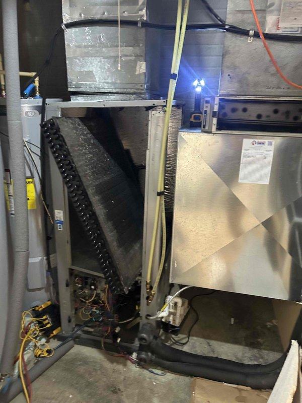 Returned to property to complete evaporator coil replacement on air handler unit. Removed and replaced defective coil assembly with new component, reconnected all refrigerant lines and electrical wiring to manufacturer specifications. Verified proper electrical connections, tested system operation, and confirmed unit is functioning correctly.