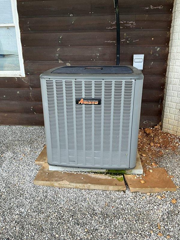 Conducted comprehensive system evaluation following previous refrigerant leak repair attempt at indoor coil. Inspection revealed extensive corrosion and rust damage to indoor coil, heat exchanger showing significant wear and overheating concerns, and overall system deterioration due to age. Provided full HVAC system replacement estimate for Goodman furnace and Amana outdoor condensing unit.