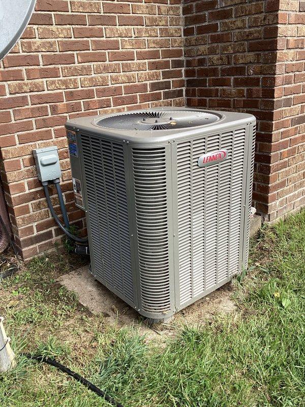 Responded to service call for non-functioning thermostat following power outage. Upon inspection of Lennox outdoor condensing unit and interior electrical components, verified all wiring connections, contactor, and capacitor were intact and operational. System restored to normal operation after power cycle, with thermostat communication re-established and unit cooling properly.
