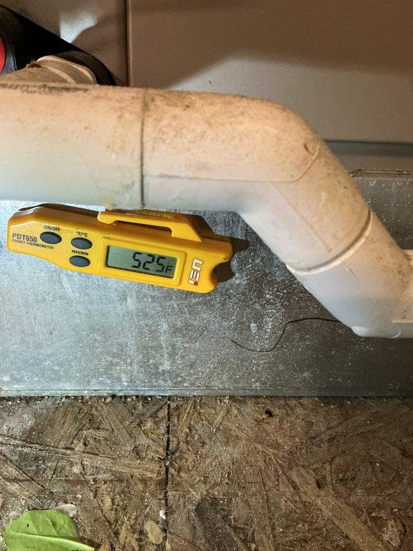 Completed monthly Comfort Care maintenance on residential Carrier cooling system. Performed comprehensive inspection of furnace unit, humidifier with operational indicator, and associated ductwork in utility closet. Verified all connections, mounting, and component conditions were satisfactory. Measured supply air temperature at 52.59°F using calibrated digital thermometer, confirming proper cooling performance. Inspected PVC exhaust/intake venting with rubber coupling, galvanized metal ductwork, and copper refrigerant lines. All system components operating within normal parameters with no deficiencies noted.