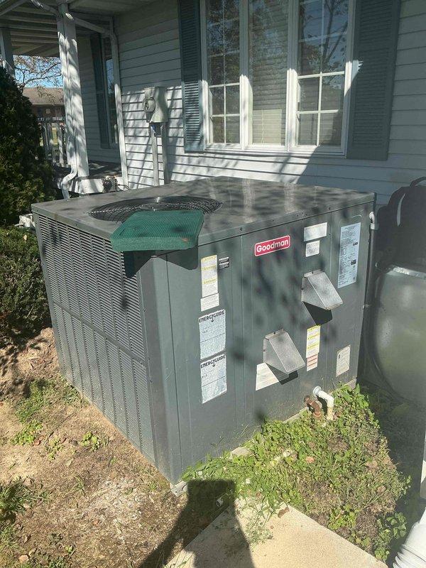 Completed preventive maintenance on Goodman cooling system under active service agreement. Performed standard inspection of outdoor condensing unit, which showed normal operational condition with no visible damage or excessive wear. Inspected interior components including air handler and ductwork; noted deteriorated building materials and peeling paint in surrounding area, though HVAC components remain functional. Replaced 14x18x1 air filter as included in maintenance agreement. Verified system operation and confirmed all mechanical components functioning within normal parameters. Unit exterior shows appropriate weathering for age with no immediate service concerns. Service agreement remains active through February 2027.