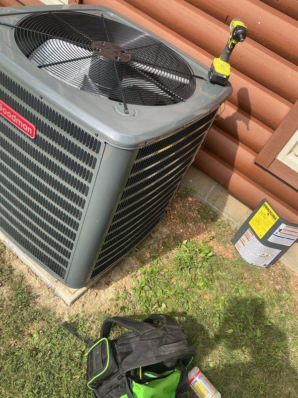 Completed preventive maintenance on residential Goodman HVAC condenser unit. Accessed electrical compartment, inspected contactor and wiring connections, verified proper operation of fan assembly and condenser coil. Unit operating within normal parameters upon completion of service.
