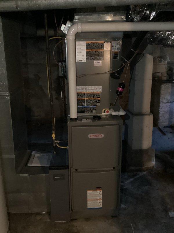 Completed annual heating maintenance visit on Lennox furnace system as part of recurring comfort care membership. Performed comprehensive inspection of heating equipment, verified proper operation of all system components including heat exchanger, burner assembly, and ignition system, and confirmed thermostat functionality with system calling for heat at 57-degree setpoint while maintaining 70-degree indoor temperature. Replaced 20x25x4 air filter per membership agreement, inspected PVC condensate and venting lines for proper drainage and clearance, and verified all electrical connections and safety controls operating within manufacturer specifications.