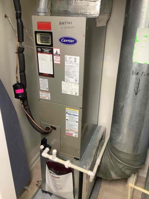 Completed heating maintenance on two-system installation consisting of mini-split unit and Carrier central air handler. Performed comprehensive system inspection, verified operational status of both heating systems, and confirmed thermostat functionality with digital control displaying proper temperature readings and humidity levels. Documented filter size requirement as 16x15x1 for air handler unit, inspected refrigerant lines and condensate drain system for proper operation, and verified all components operating within normal parameters for upcoming heating season.