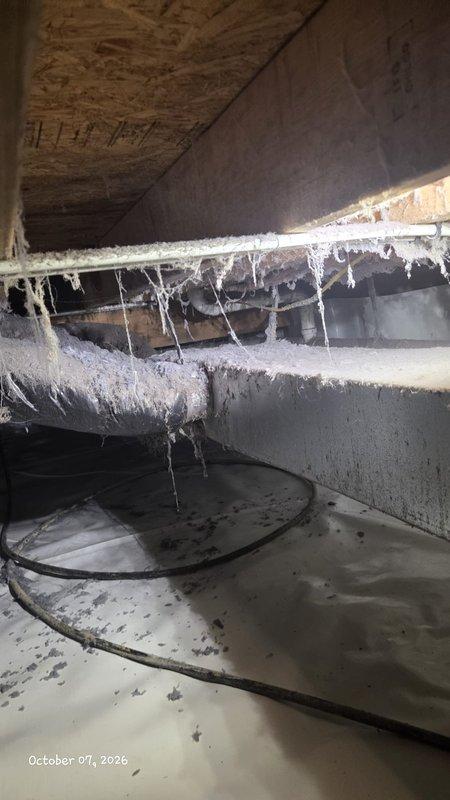 Responded to service call for broken PVC pipe in crawl space near sump pump discharge line. Upon inspection, discovered damaged pipe section beneath structure that customer reported was likely broken during previous contractor work in the area. Performed water heater maintenance and flush as scheduled. Documented crawl space conditions with photos showing damaged PVC drainage piping running along ceiling joists, exposed vapor barrier flooring, and moisture accumulation in the area. Identified broken pipe section that connects to sump pump system requiring repair. Assessed surrounding plumbing infrastructure and structural conditions to determine extent of damage and proper repair approach.