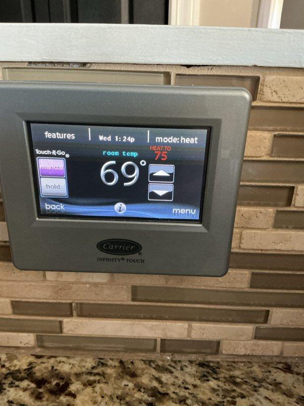 Completed monthly basic heating maintenance visit on Carrier Infinity system. Performed standard heating system inspection, verified thermostat operation showing 69°F current temperature with heat set to 75°F, and inspected internal HVAC components including electrical connections and wiring. Customer requires 16x25x4 filter which was not included in this service visit.