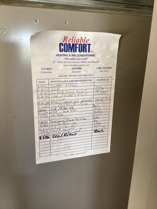 Completed fall heating maintenance tune-up on 7-year-old Carrier heat pump and furnace system for Comfort Care member. Performed comprehensive inspection of all heating components, verified proper system operation, checked electrical connections, inspected heat exchanger, tested safety controls, and confirmed adequate airflow throughout the system. Unit operating within manufacturer specifications with no deficiencies noted; maintenance history documented and system ready for heating season.