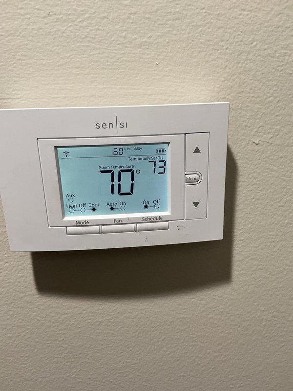 Completed scheduled heating maintenance on two HVAC systems under active CCH Basic service agreement. Performed comprehensive system inspections on both Lennox air handler units, including thermostat functionality verification on Sensi digital controls showing proper temperature readings and system operation. Replaced 20x20x4 air filter as included in maintenance plan, inspected electrical connections, condensate drainage systems, and all safety labels for compliance. Both heating systems tested and confirmed operational with no deficiencies noted.