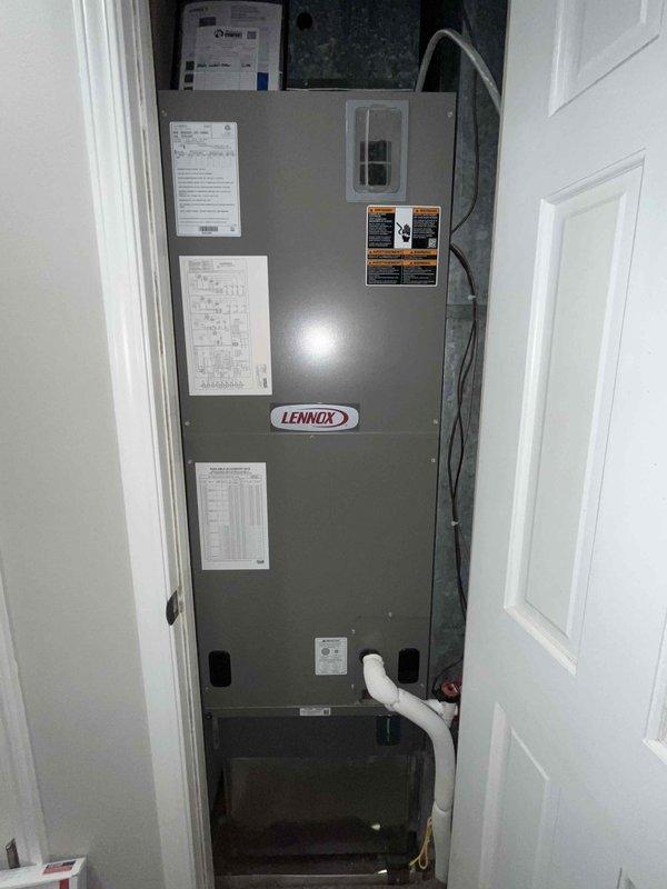 Completed scheduled heating maintenance on two HVAC systems under active CCH Basic service agreement. Performed comprehensive system inspections on both Lennox air handler units, including thermostat functionality verification on Sensi digital controls showing proper temperature readings and system operation. Replaced 20x20x4 air filter as included in maintenance plan, inspected electrical connections, condensate drainage systems, and all safety labels for compliance. Both heating systems tested and confirmed operational with no deficiencies noted.
