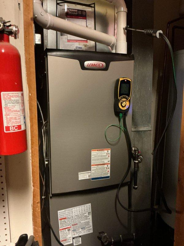 Performed comprehensive heating maintenance on Lennox furnace system under active CCH Basic service agreement. Conducted combustion analysis using digital analyzer, measuring supply temperature of 76°F and return temperature of 56.6°F with proper temperature rise. Replaced 20x20x4 air filter per service agreement specifications. Verified all safety controls, venting system integrity, and confirmed unit operating within manufacturer specifications.
