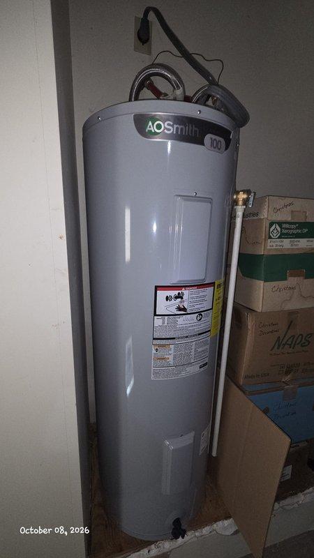 Completed comprehensive plumbing inspection as part of prepaid maintenance visit. Inspected AO Smith 100-gallon water heater, verifying proper operation of temperature and pressure relief valve, examining connections for leaks or corrosion, and confirming unit functionality. Inspected toilet tank components including fill valve assembly and flapper valve mechanism, confirming both were operating correctly with no visible leaks or deterioration. All plumbing fixtures and equipment inspected were found to be in normal operating condition. Documentation photos captured for service records.