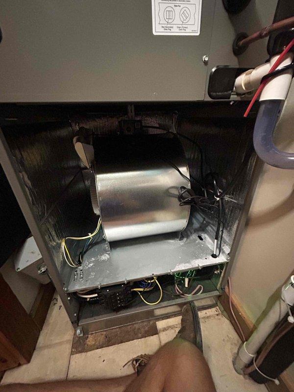 Returned to site to complete blower motor and housing replacement on residential air handler unit. Removed access panel, extracted failed blower assembly, and installed new blower motor with housing. Reconnected all electrical wiring, verified proper operation, secured access panel, and confirmed system functionality with normal airflow restored.