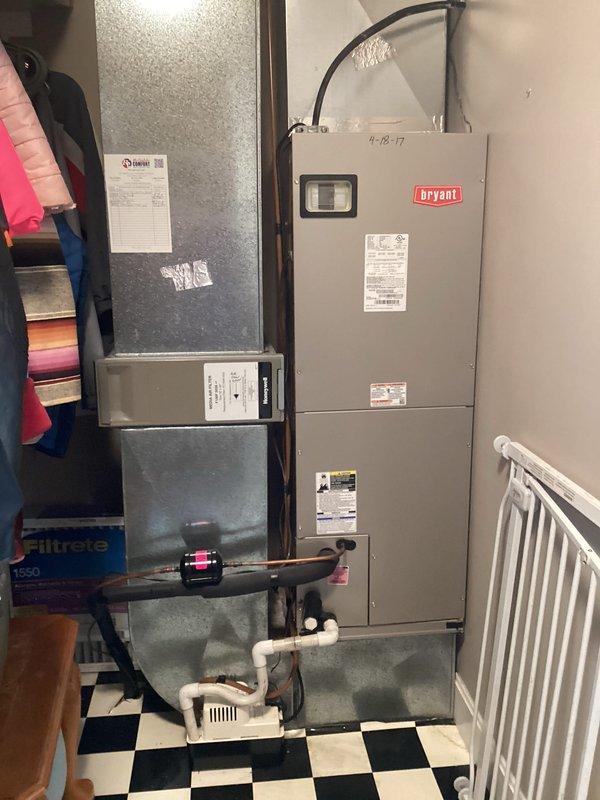 Completed basic monthly cooling maintenance on dual-system residential HVAC installation consisting of Bryant air handler upstairs and secondary unit downstairs. Performed comprehensive combo cleaning service on both systems, including coil cleaning, condensate line service, and filter inspection. Customer to provide 16x20x4 filters as these specialty filters are not included in standard maintenance agreement.