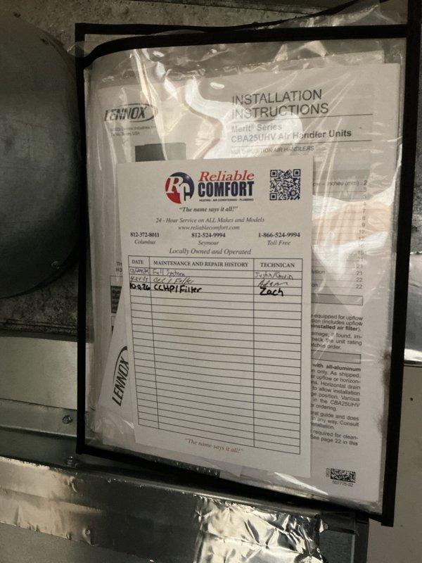 Completed comprehensive heating maintenance on Lennox HVAC system under CCHP service agreement. Performed standard preventative maintenance procedures, inspected air handler unit (model CBA25UHV), verified thermostat operation and programming settings, and replaced 20x20x4 air filter. System operating within normal parameters with thermostat displaying proper temperature readings and responding correctly to programmed settings.