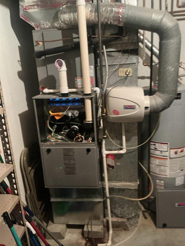 # HVAC Maintenance - Heating System Service

Completed annual basic heating maintenance visit on residential forced-air furnace system located in basement mechanical room. Performed comprehensive visual inspection of furnace unit, verified proper operation of blower motor and heat exchanger, and inspected all accessible ductwork connections for secure fastening and adequate insulation. Examined gas supply lines, electrical connections, and condensate drain system for proper configuration and operation.

Inspected furnace cabinet interior components including burner assembly, ignition system, and flame sensor. Verified proper venting through PVC exhaust and intake piping. Assessed condition of all mechanical and electrical connections throughout the heating system. Confirmed water heater and expansion tank in adjacent area showed no signs of interference with HVAC operation.

System operating within normal parameters at time of service. Customer enrolled in CCH Basic plan with coverage 