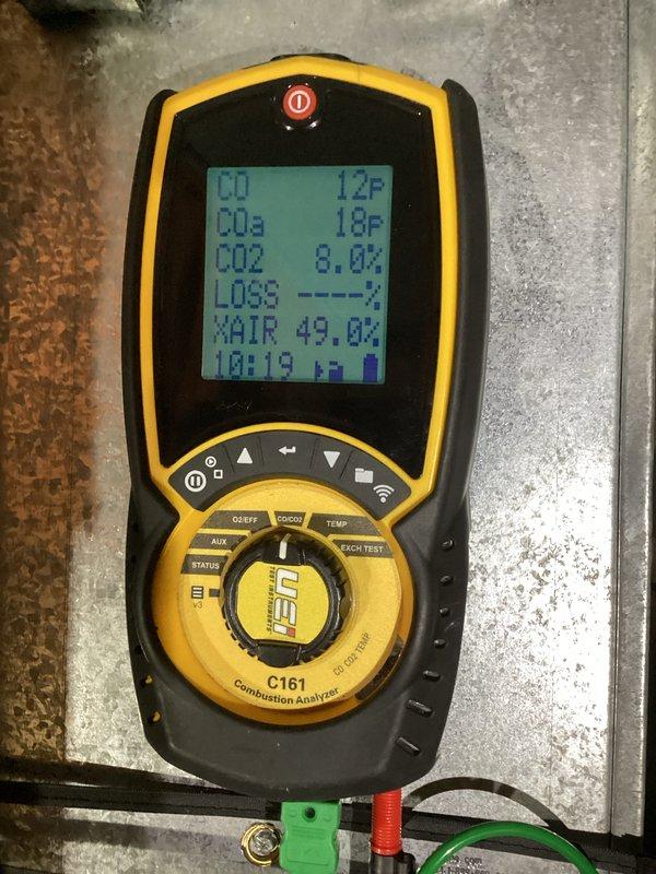 Completed monthly basic heating maintenance visit. Replaced 16x20x1 air filter, performed combustion analysis showing CO levels at 18 ppm, CO2 at 8.0%, and excess air at 49.0%, and verified thermostat operation with system heating properly to setpoint of 90°F.